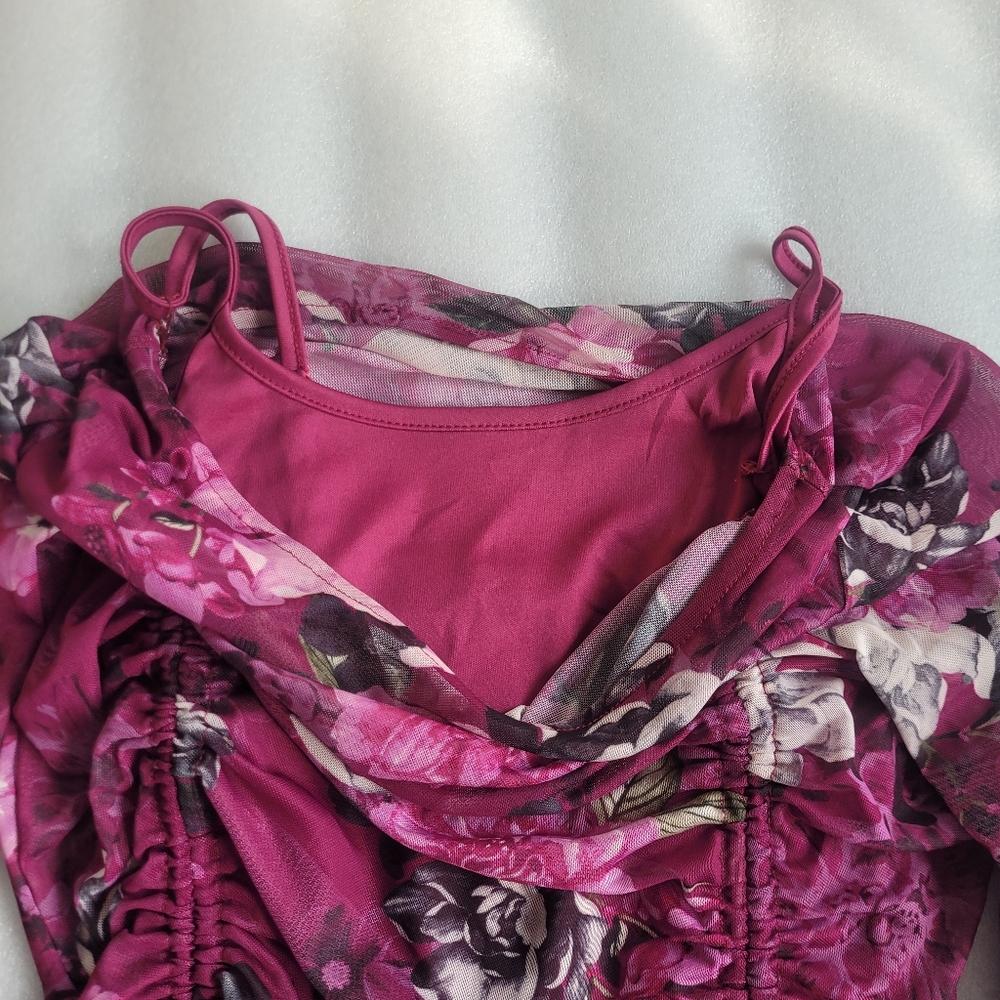 Vintage Y2K Ruched Sheer Mesh Floral Top Fairycore Romantic Club Wear M - Picture 11 of 16